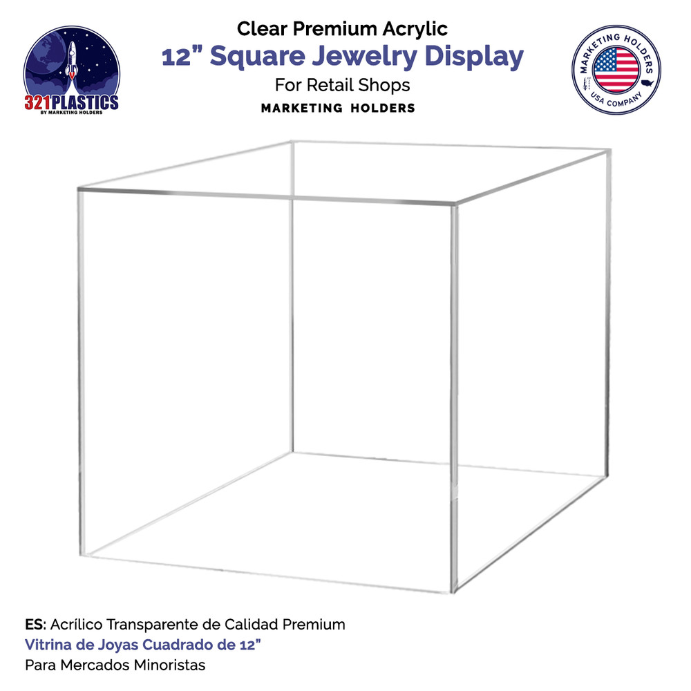 12" Clear Display Box Riser Acrylic Retail with One Open Side Square