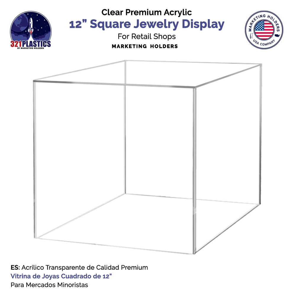 12" Clear Display Box Riser Acrylic Retail with One Open Side Square