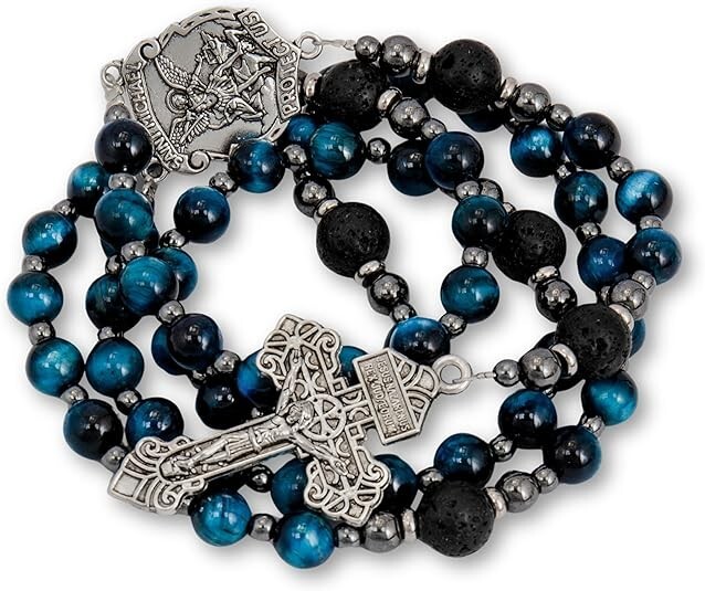 Saint Michael Blue Tiger's Eye Rosary Beads Necklace with Lava Mystery Beads