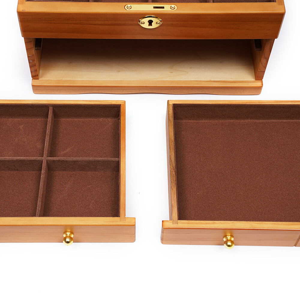 Vintag Pine Wood Jewelry Box with Lock/Soft Flocking Lining Non-Scratch Storage
