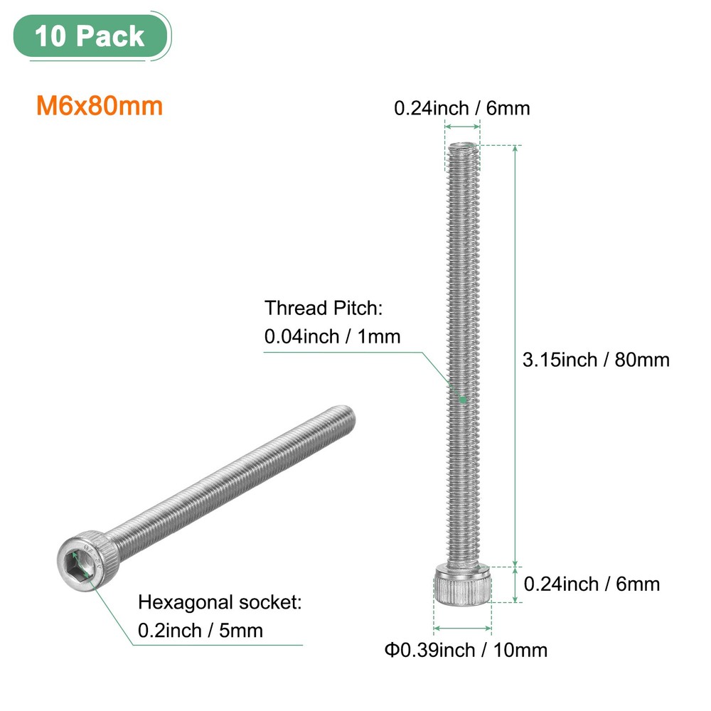 10-Pack Socket Head Cap Screws Bolts M6x80mm 1mm Pitch for Chainsaw [Silver]
