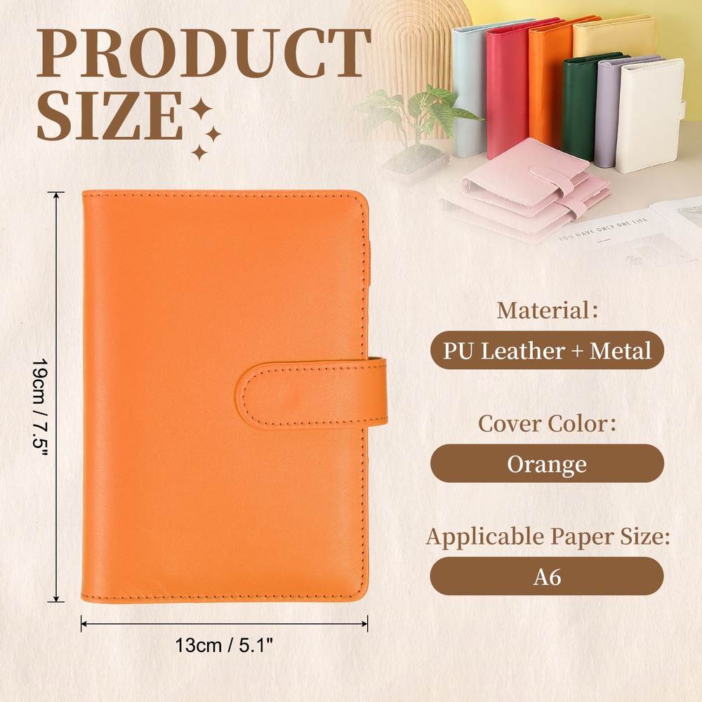 A6 PU Leather Binder Protector, 6 Ring Loose Leaf Notebook Shell, Orange