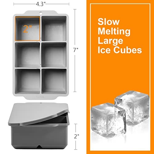 Large Ice Cube Tray with Lid, Stackable Big Silicone Square Ice Grey(1 Pack)