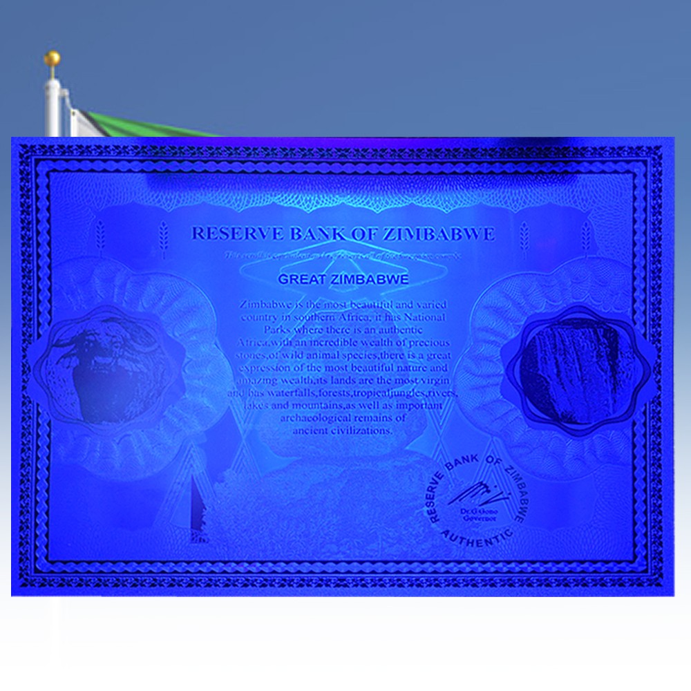 One Hundred Trillion Dollar Zimbabwe Silver Plastic Banknote with UV Certificate