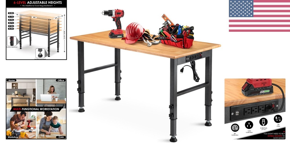 48" Adjustable Heavy-Duty Workbench with Power Outlet for Crafts & Workshops
