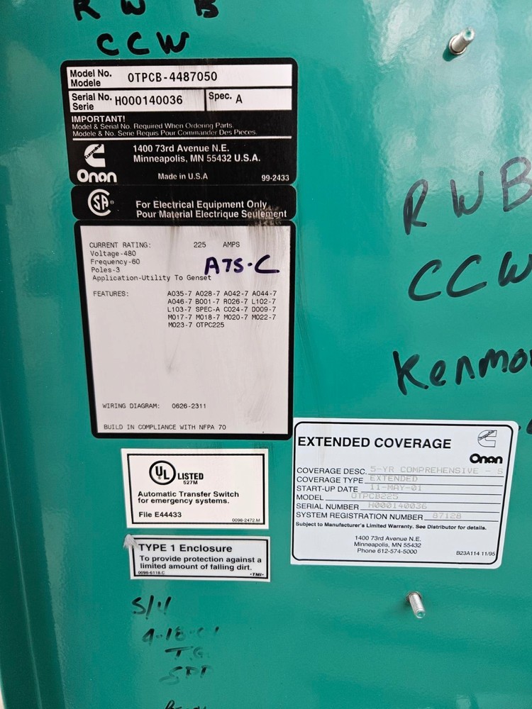 Cummins Automatic Transfer Switch 225 Amp 480V 3P