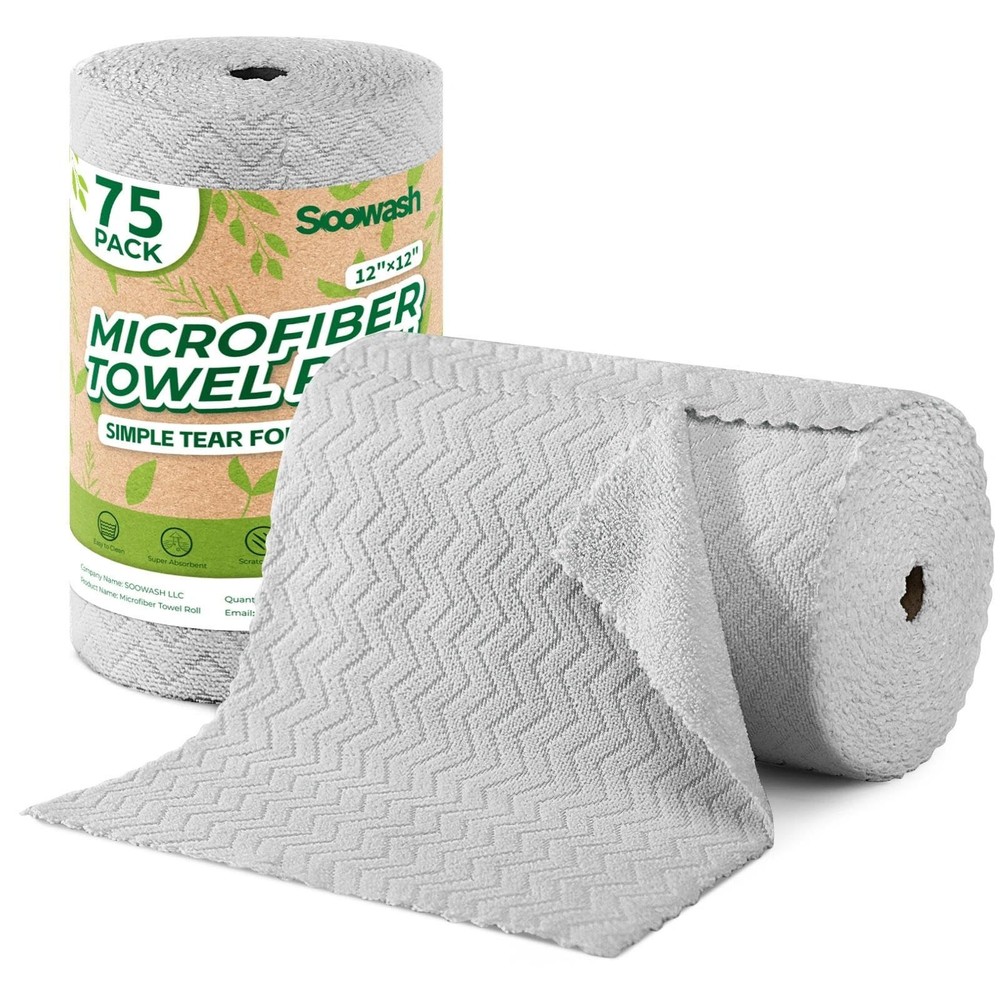 SOOWASH Microfiber Cleaning Cloths Roll, 75 Pack Tear 75 pack, Grey Ripple