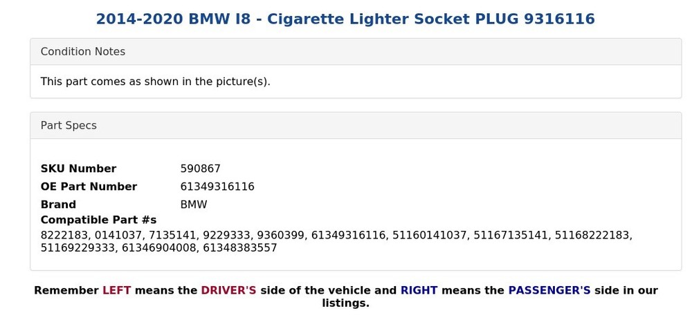 2014-2020 BMW I8 - Cigarette Lighter Socket PLUG 9316116