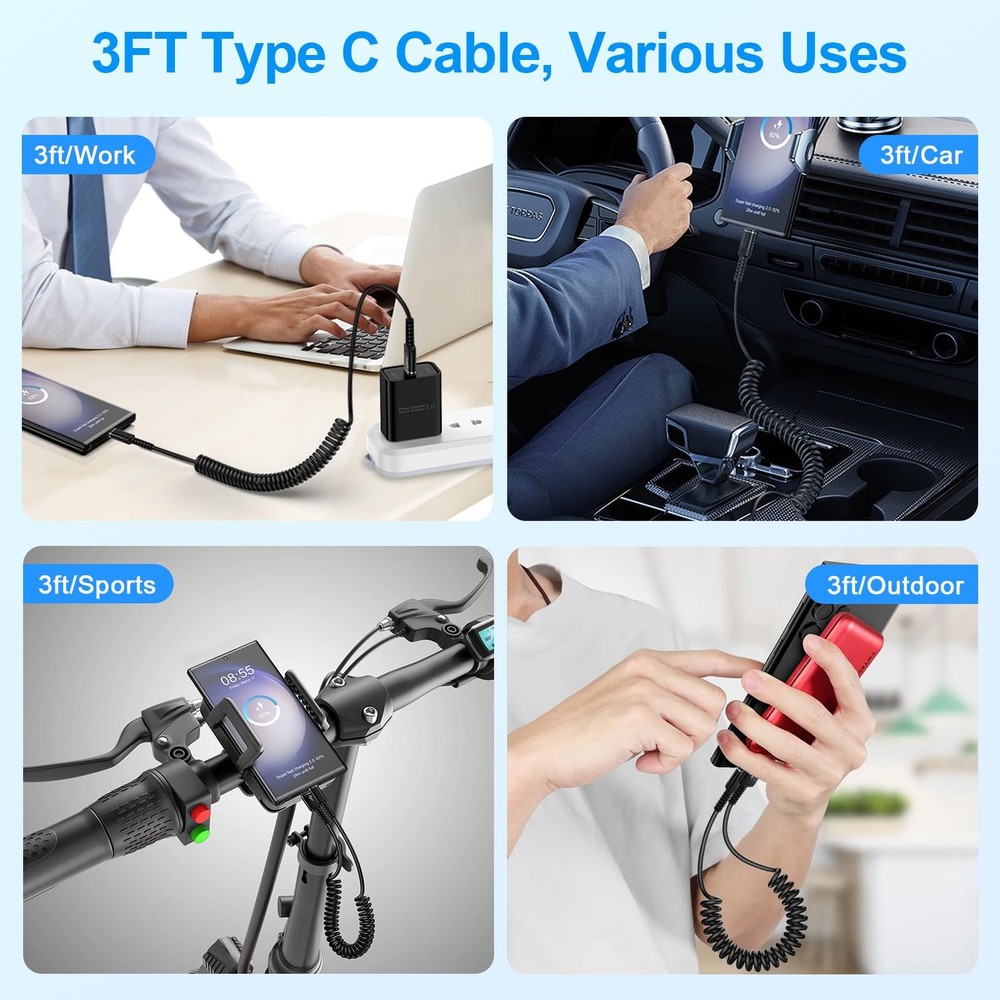 Fast Charger Cable Coiled USB C for Car 3FT Android Auto Type A to C