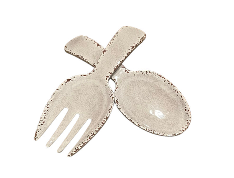Tommy Bahama Cream Gray Rustic Crackled Salad Server Set Serving Spoon Fork