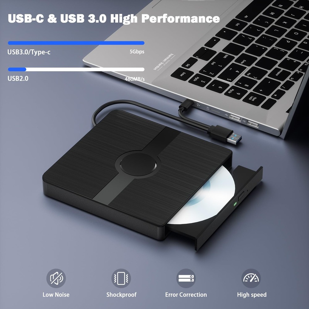Wbacon External Blu Ray Drive, BD Player with Read/Write Capability Black
