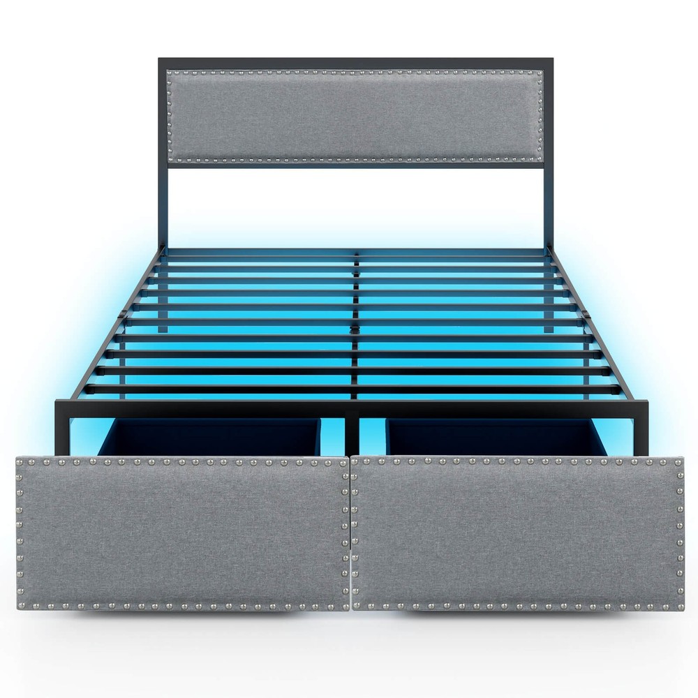 Full Size Bed Frame with 2 Storage Drawers LED Lights Slats Support Modern