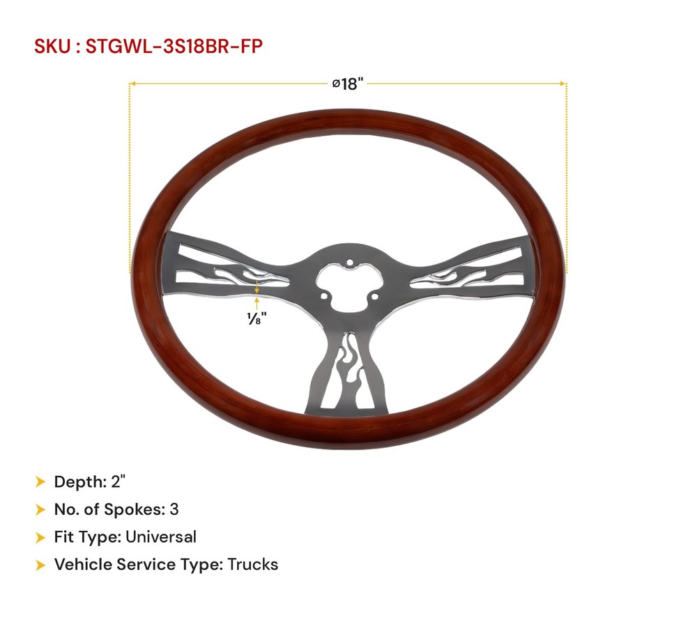 18"Wood 3-Spoke Fire Pattern Steering Wheel Kit w/Adapter Hub for Freightliner
