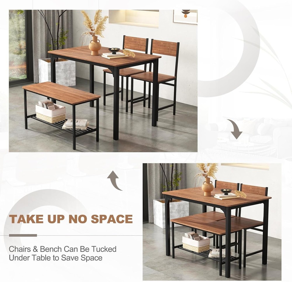 Dining Table Set 4 43" Kitchen Table & Chairs Dining Bench W/ Metal Frame &