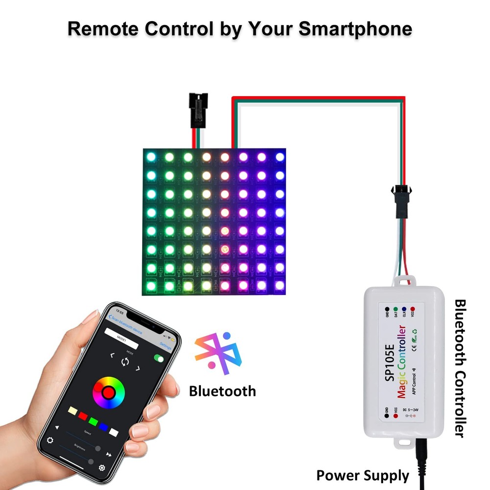 SP105E Led Controller, Wireless Bluetooth, 5V-24V DC Input - Control WS2812B