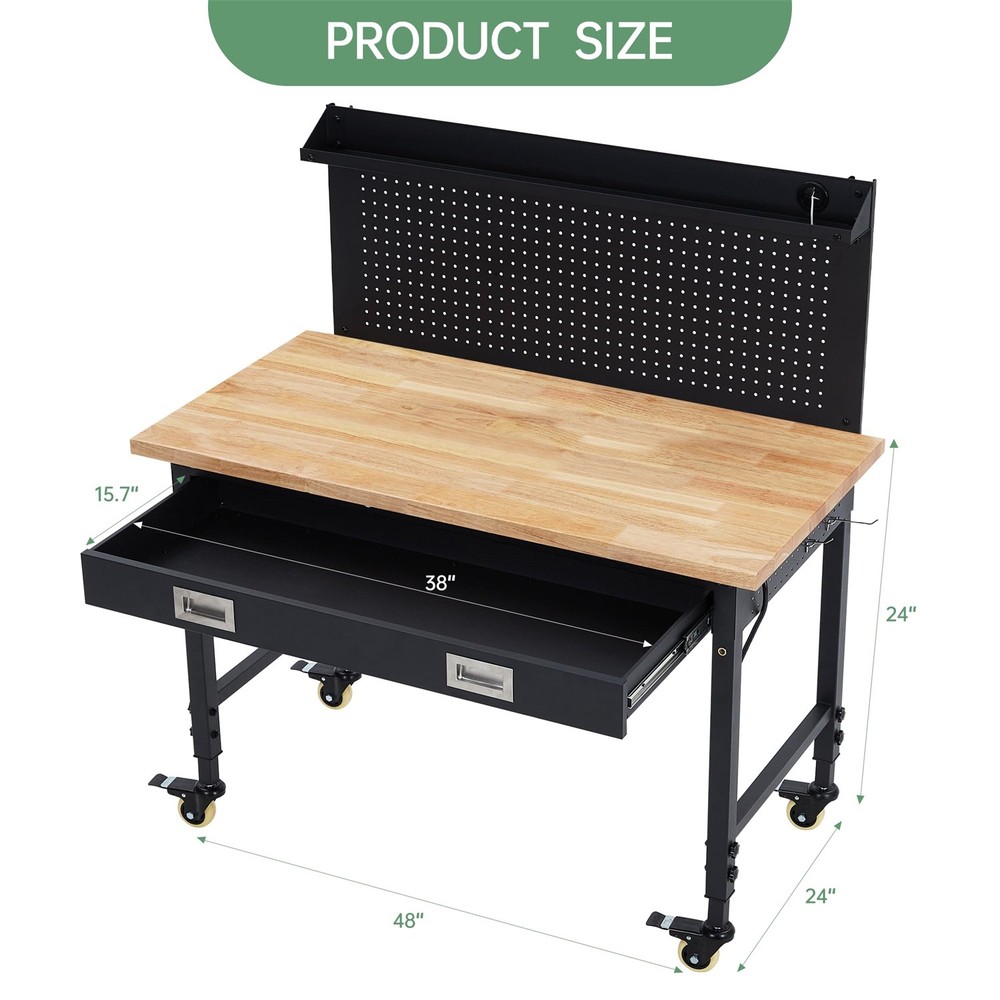 48" Work Benches for Garage Adjustable Workbench Wheels Pegboard Drawers 2000LBS
