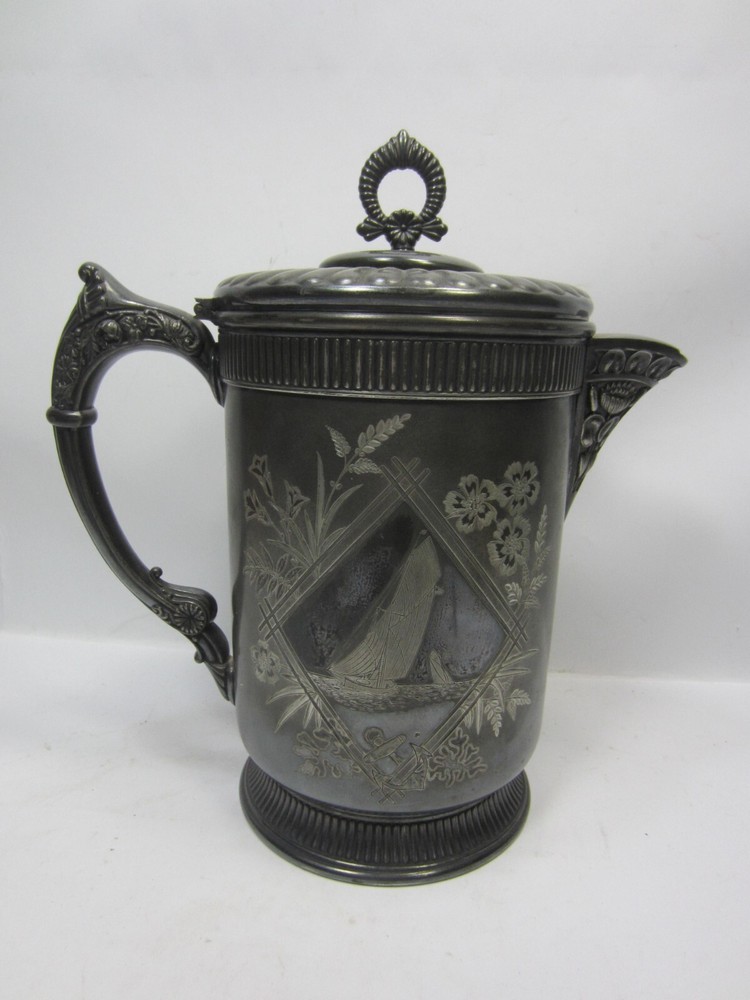 Antique Simpson Hall Miller Co. Silver Plated Glass Lined Pitcher