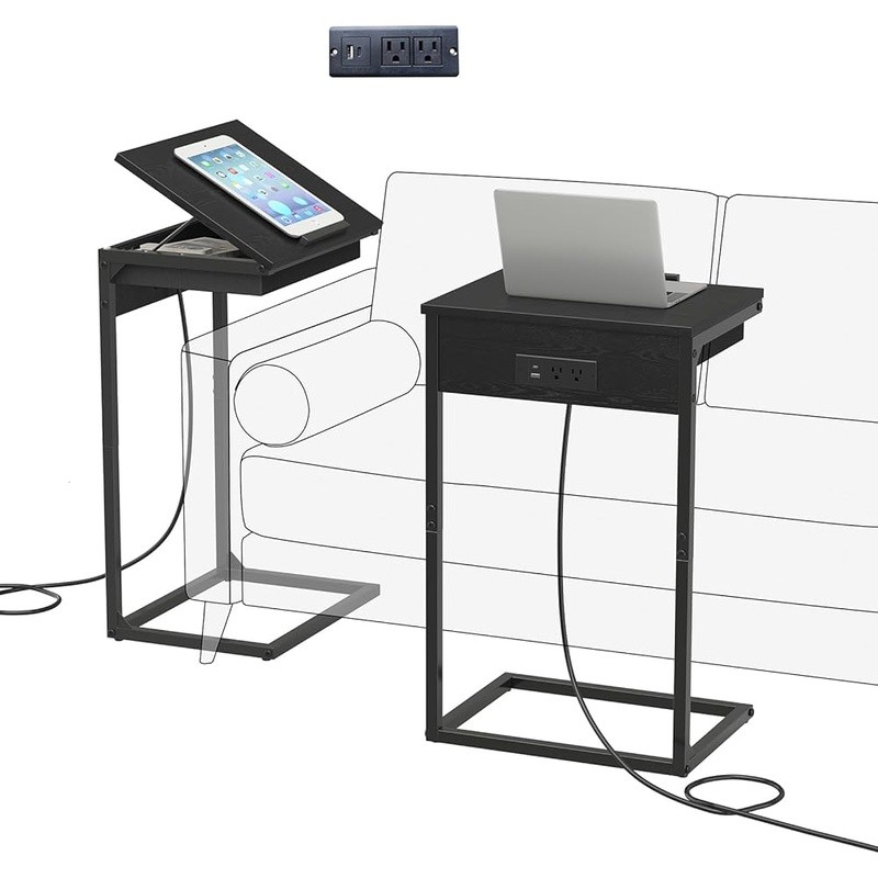 C Shaped Side Table Set W/ Charging Station Adjustable Flip Top Small Spaces New