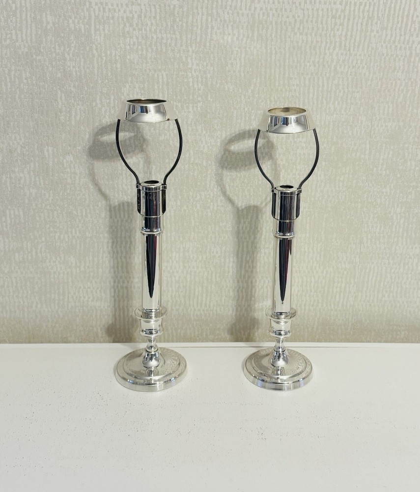 Vintage 2 Silverplate Springloaded Candlestick Holders With Silverplate Shades