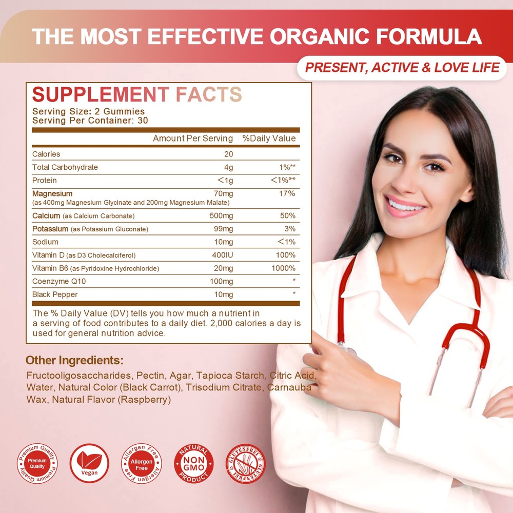 Magnesium Glycinate Gummies Support Sleep & Brain Raspberry Flavor 0-Sugar