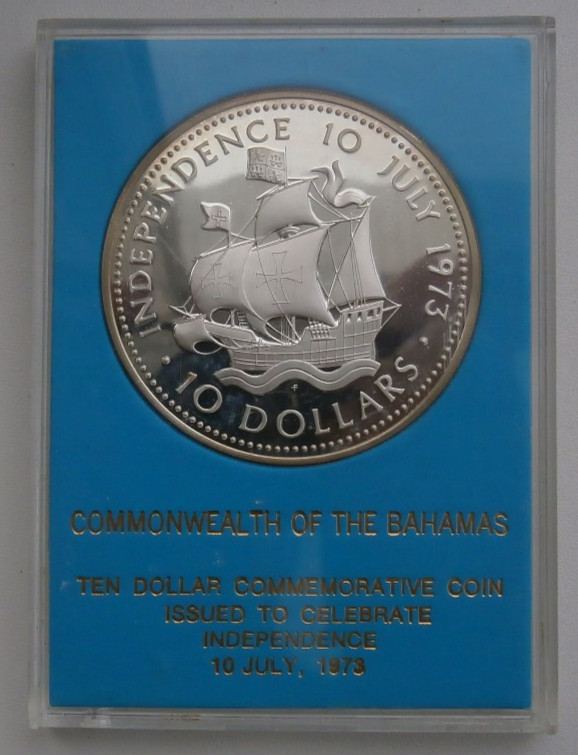 1973 BAHAMAS INDEPENDENCE SOLID SILVER PROOF 10 DOLLAR COIN , 50 grams