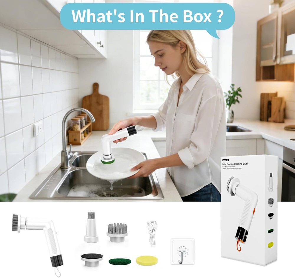Electric Dish Scrubber, Mini Cordless Kitchen Cleaning Brush with 4 Replaceable