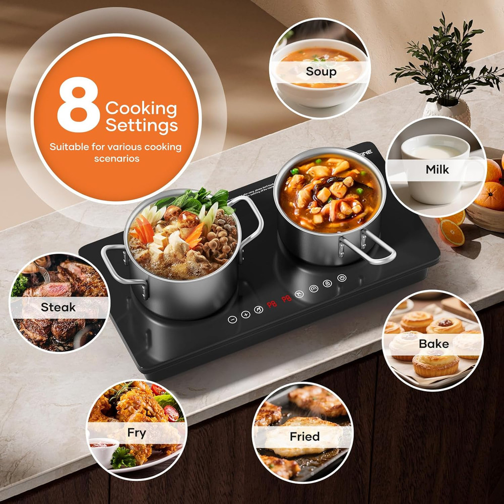 1800W Double Induction Cooktop with Touch Control & Timer, 2 Zones