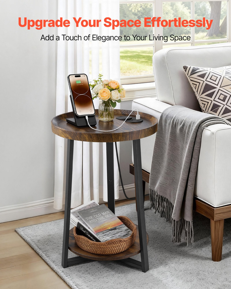End Table, 2-Tier Round Side Table with Open Storage Shelves, Brown