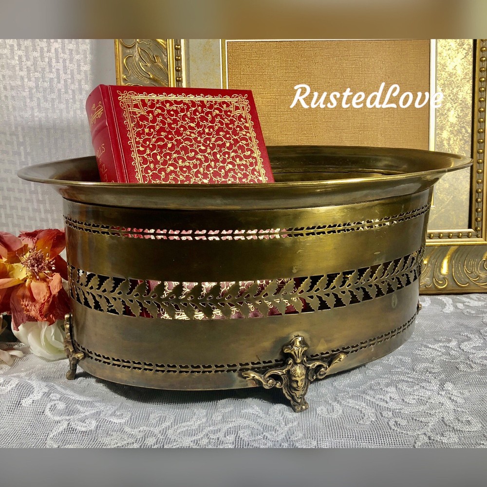 Solid Brass Planter Antiqued Brass Cherub Footed Container Pierced Sides *