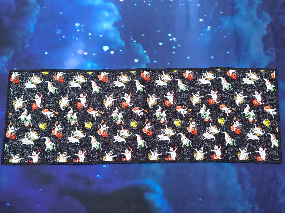 Handmade quilted Halloween Table Runner Ghosts pumpkins glitter Bats Black