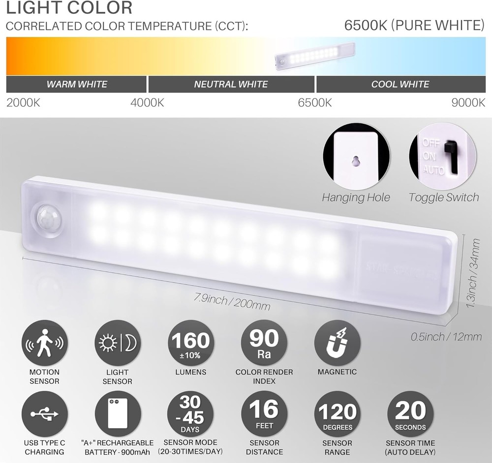 Magnetic cabinet light with motion sensor 8inch LED light 2pack USB rechargeable