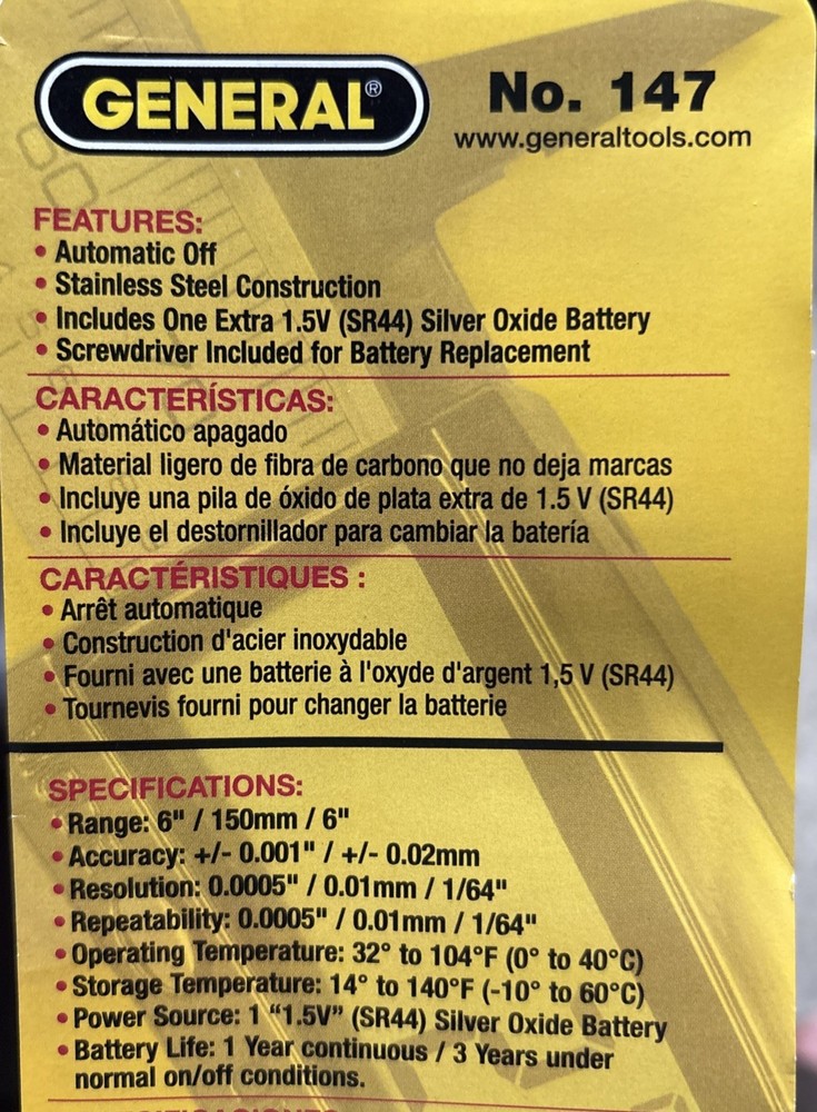 General Tools DIGITAL CALIPER No. 147 Inside Outside Step Range 6” New in Case