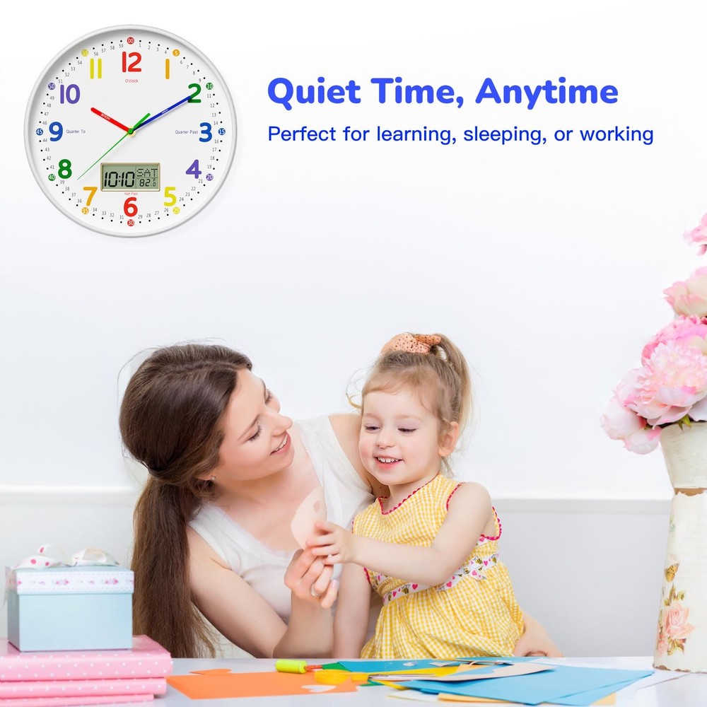 12" Silent Teaching Wall Clock with LCD Date Weekday Temperature Display – Te...