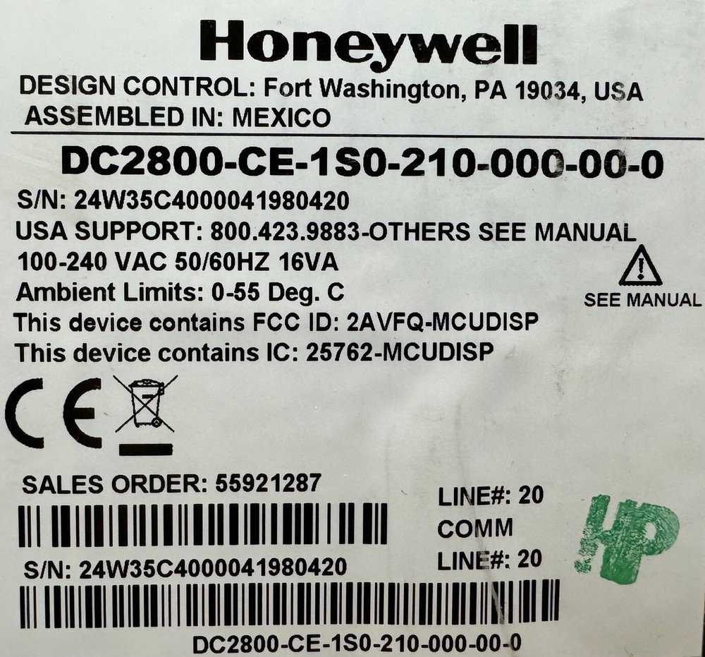 Honeywell DC2800-CE-1S0-210-000-00-0 Bluetooth Temperature Limit Controller