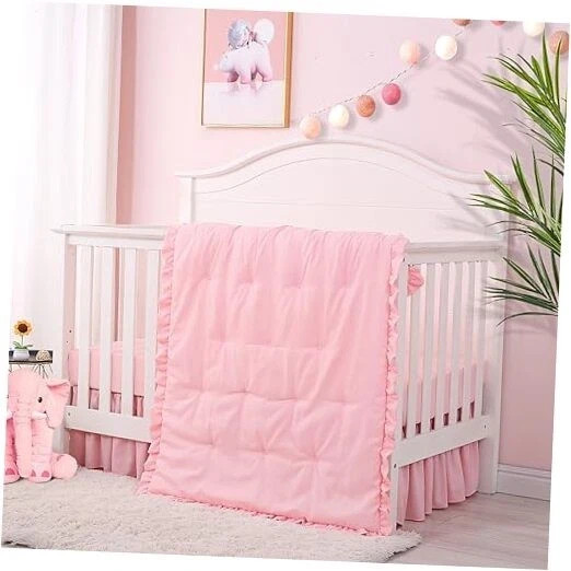3 Pieces Crib Bedding Set for Girls- Solid Ruffle Quilted Includes Pink