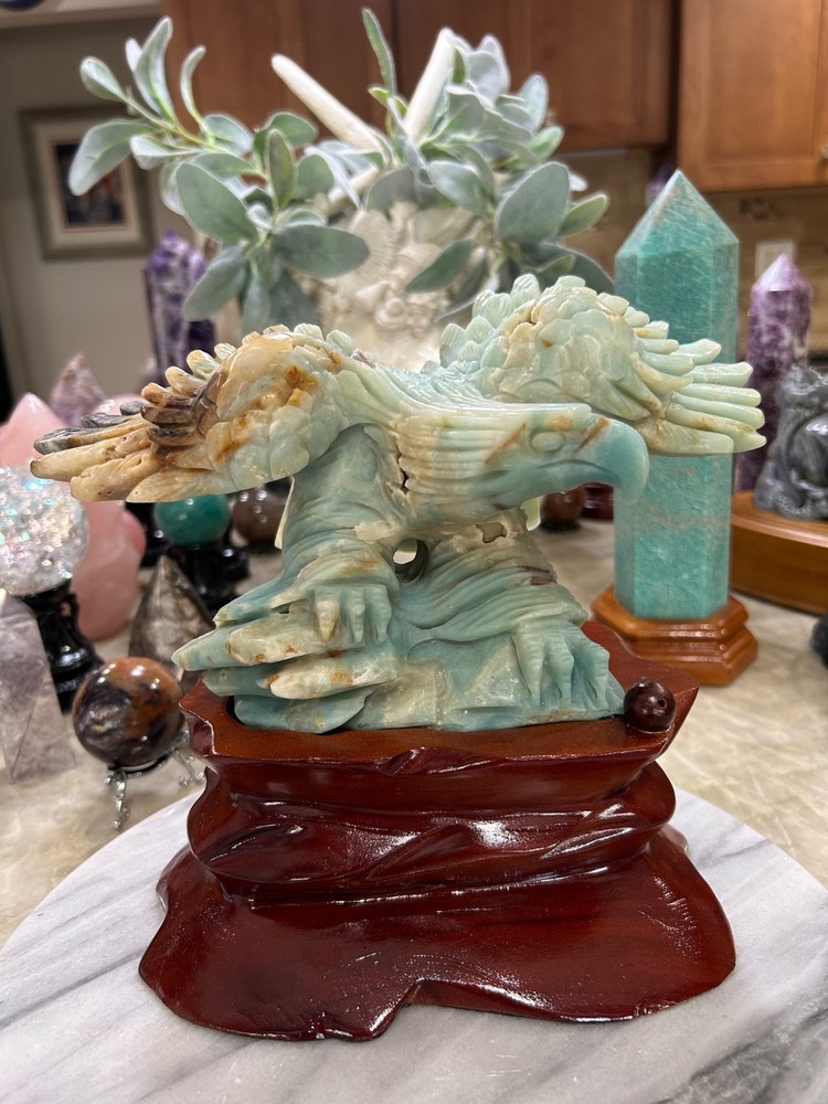 Amazonite Eagle hand carved on custom wood stand