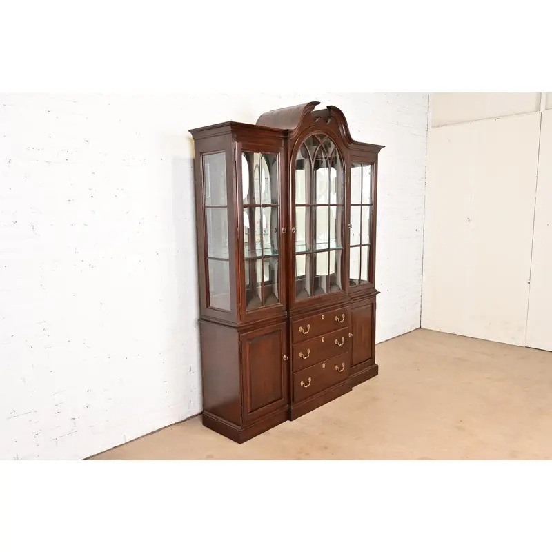 Ethan Allen Georgian Solid Cherry Wood Breakfront Bookcase Cabinet