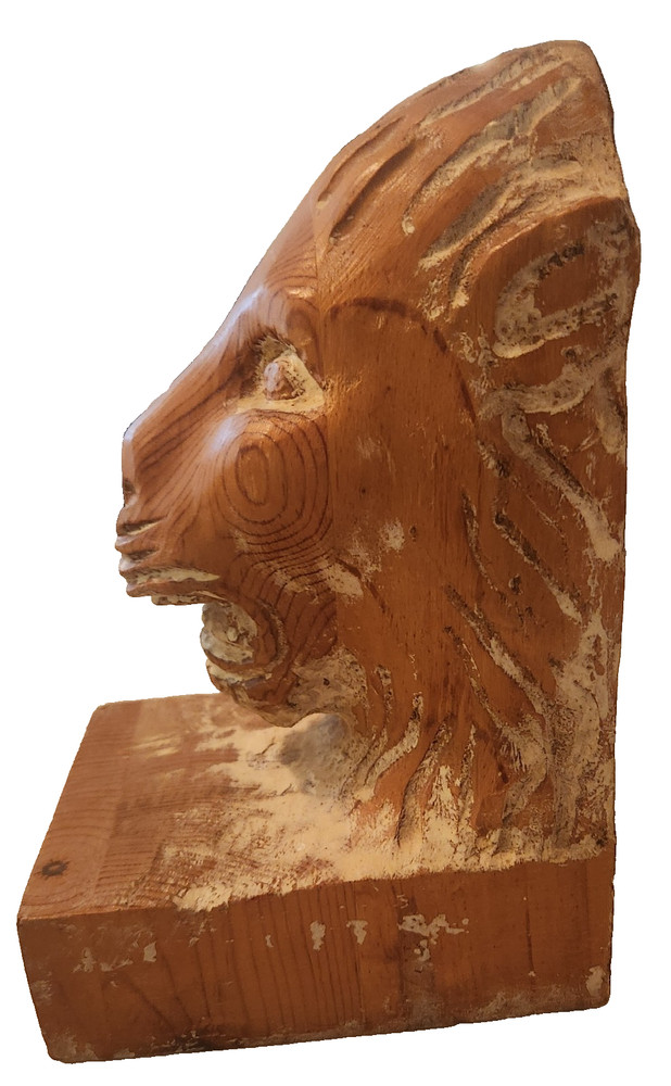 Lion Head Carved Wood Bookend- One
