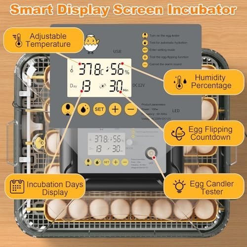 30 Egg Incubator with Humidity Display, Egg Candler, Automatic Egg Turner,