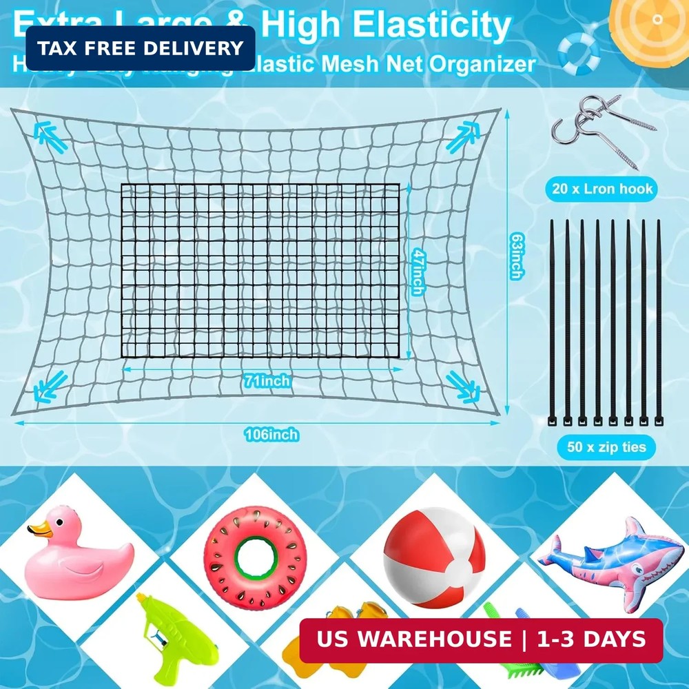 Extra Large Pool Toy Float Storage Net, 71×47'' Heavy Duty Hanging Elastic Mesh