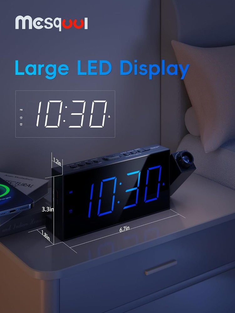 Adjustable Brightness Projection Clock with Snooze and Daylight Saving Functions