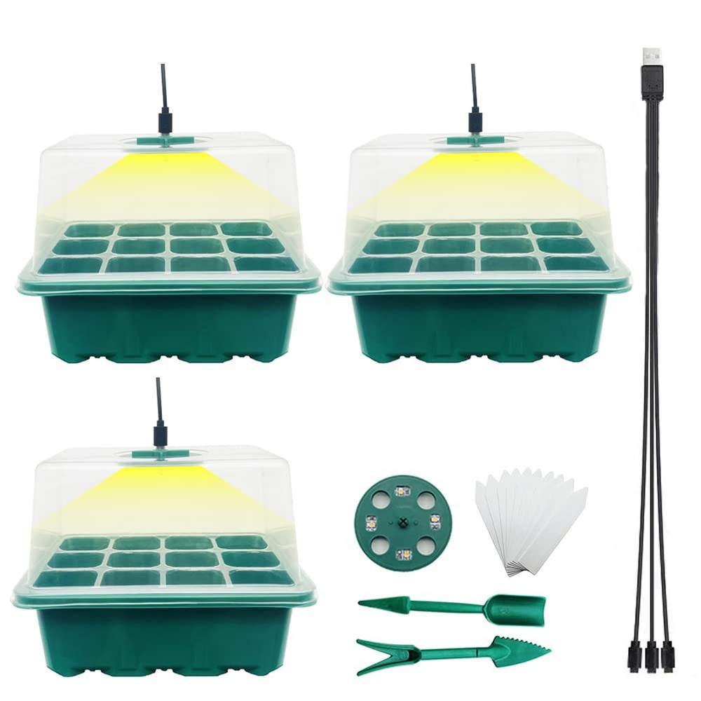 Starter Tray Seedling Kits with Grow Light, 3-Pack Plant Germination Set with...