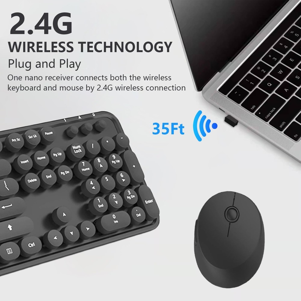 Wireless Keyboard and Mouse Combo, Retro Typewriter Style Keyboard with Round...