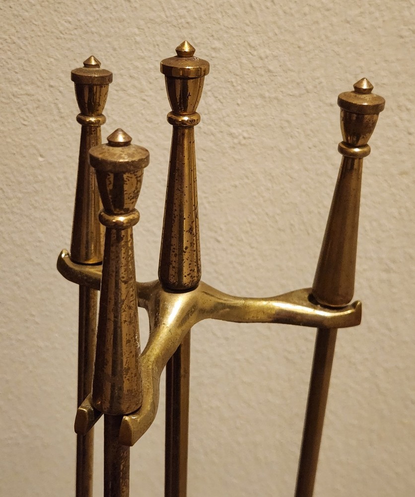 Vintage Fireplace Tool Set Solid Brass 3 Piece Set and Stand 25"