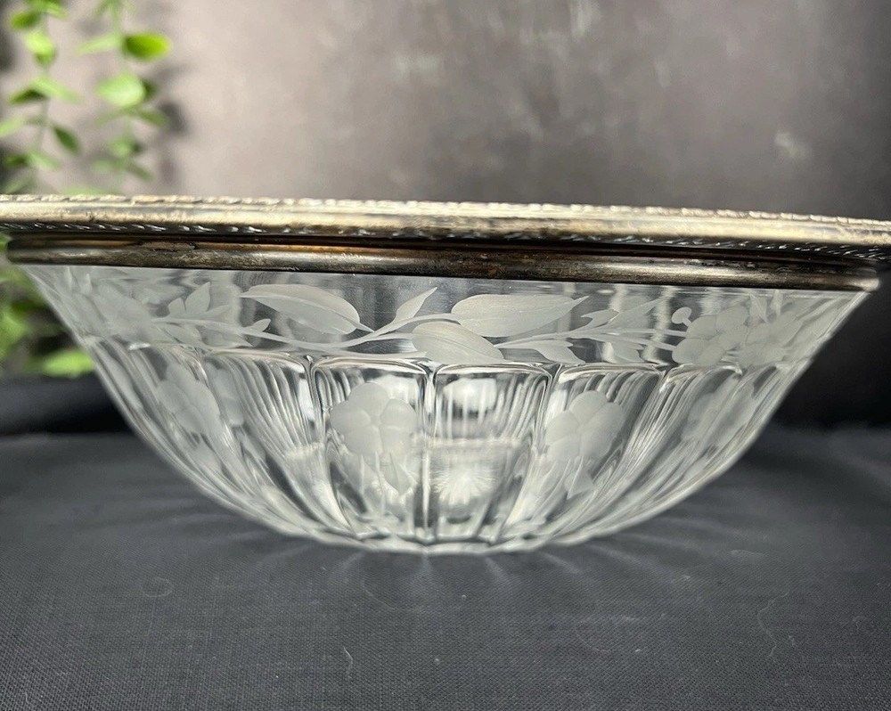Etched Crystal And Sterling Silver Bowl