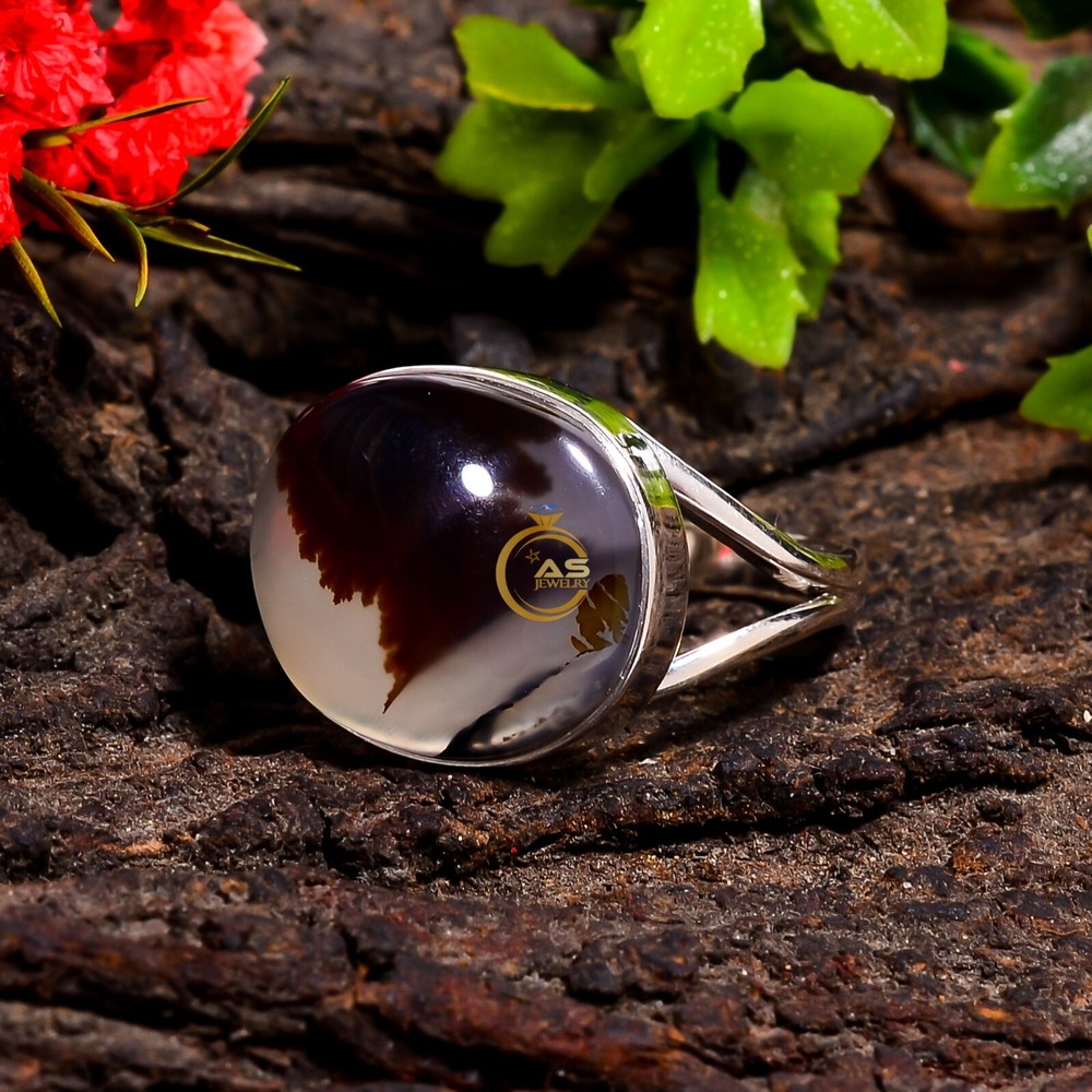 Dendritic Agate Gemstone Ring 925 Sterling Silver Handmade Statement Boho Rings