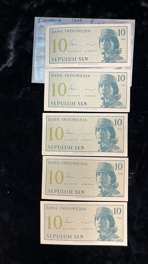 1964 Indonesia 10 Sen 5 Consecutive Notes
