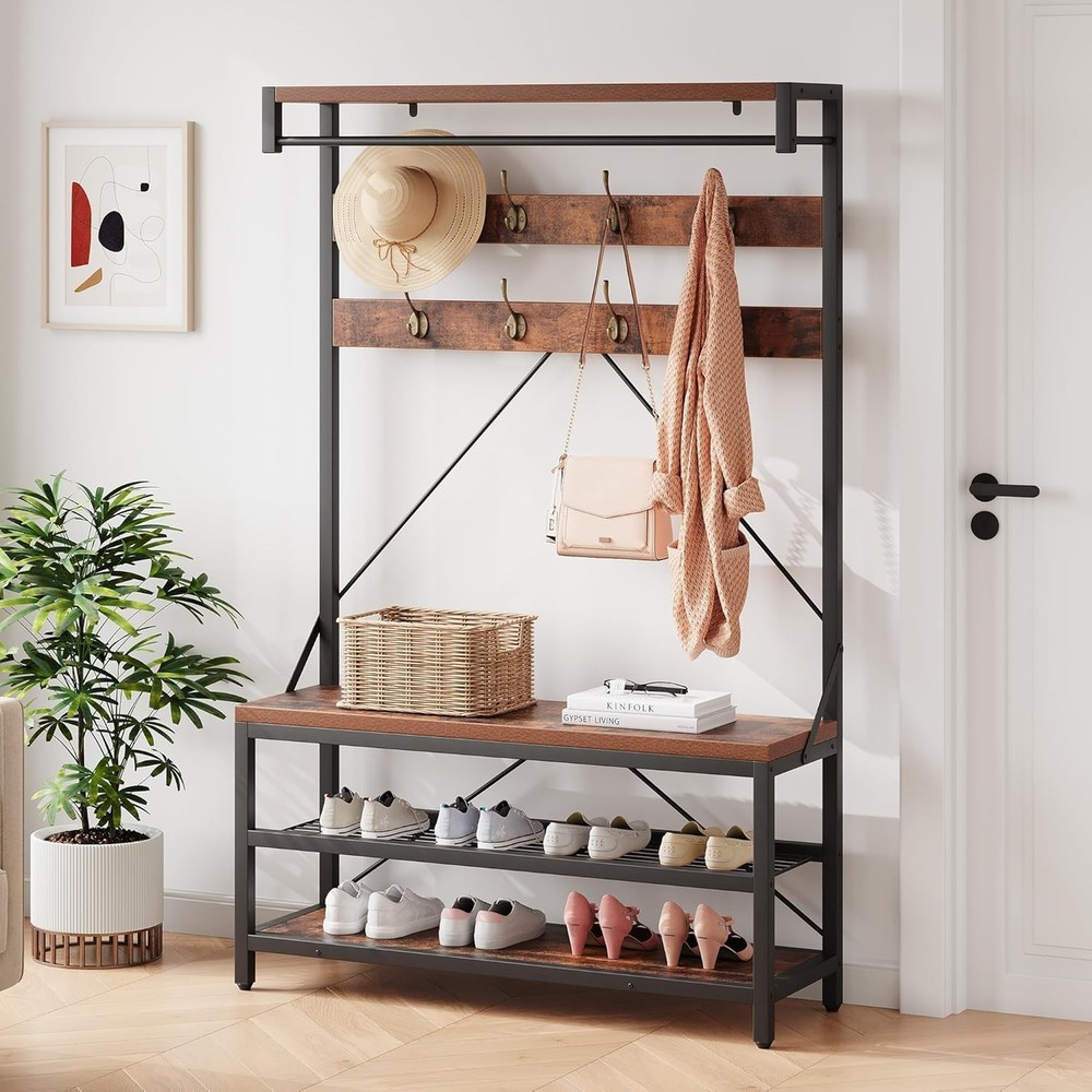 Space-Saving Multi-Function Organizer, Bench, Shoe Rack& Coat Hooks for Entryway