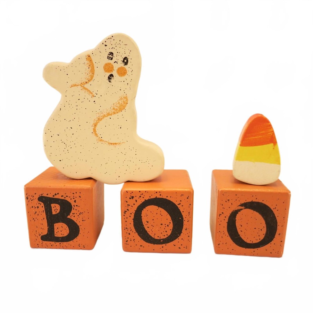 Wooden Halloween Decor Blocks with Ghost and Candy Corn