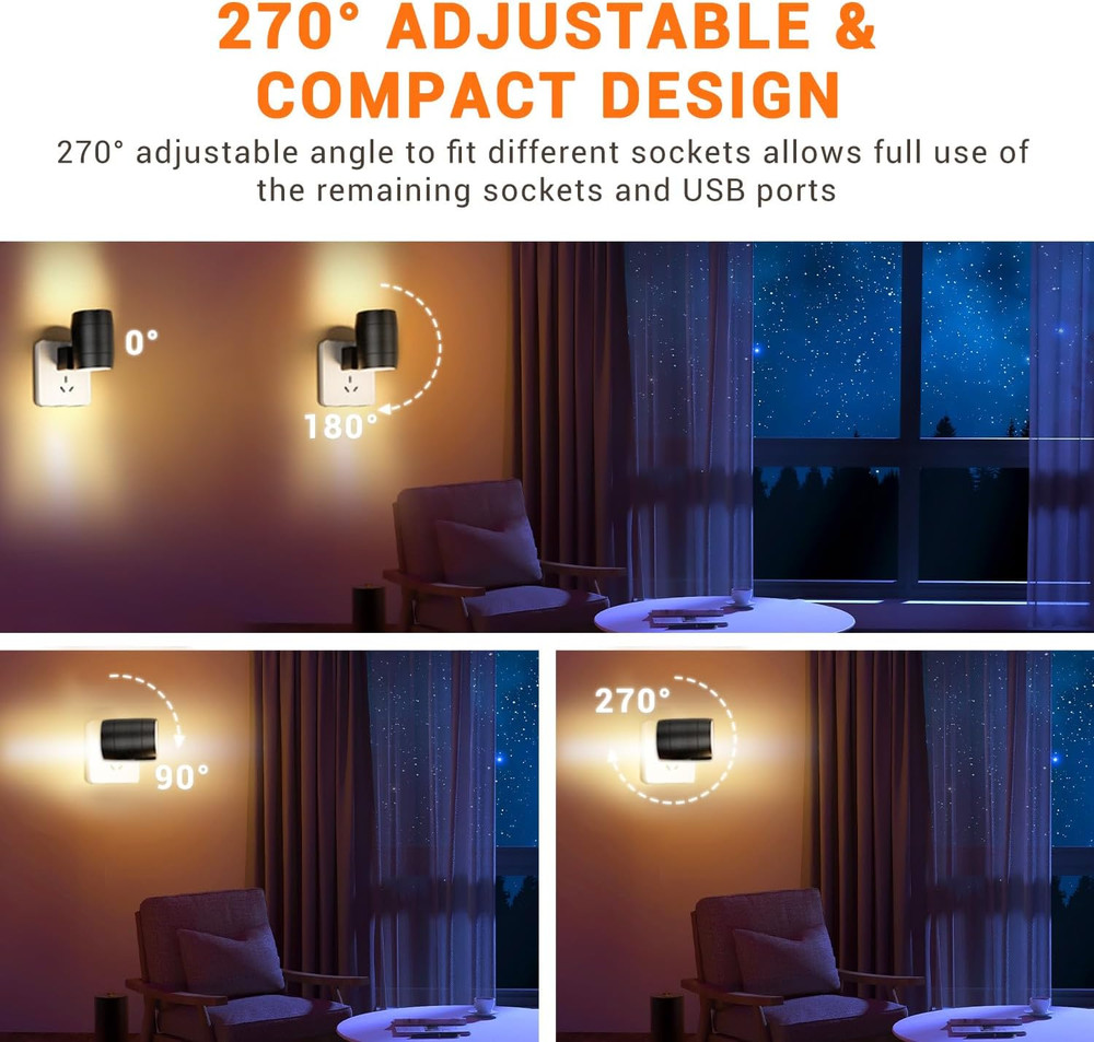 Night Light Plug In, Sensor Night Light Rotatable Adjustable with 270°, Auto Dus